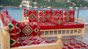 L Arabic Majlis Sofa Set, Red Corner Sofa Set, Pine Tree Wooden Bench, Floor Cushions, Wooden Bench Sofa Sets, Outdoor Furniture