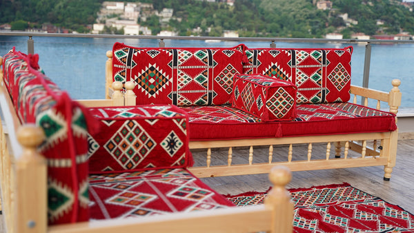 L Arabic Majlis Sofa Set, Red Corner Sofa Set, Pine Tree Wooden Bench, Floor Cushions, Wooden Bench Sofa Sets, Outdoor Furniture