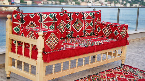 L Arabic Majlis Sofa Set, Red Corner Sofa Set, Pine Tree Wooden Bench, Floor Cushions, Wooden Bench Sofa Sets, Outdoor Furniture