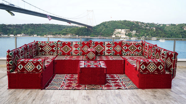 U Shaped Arabic Sofa Set, Maroon Floor Couches, Terrace Pallet Sofa, Sectional Sofas, Floor Cushions