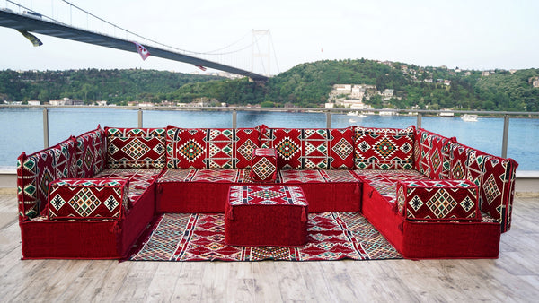 U Shaped Arabic Sofa Set, Maroon Floor Couches, Terrace Pallet Sofa, Sectional Sofas, Floor Cushions