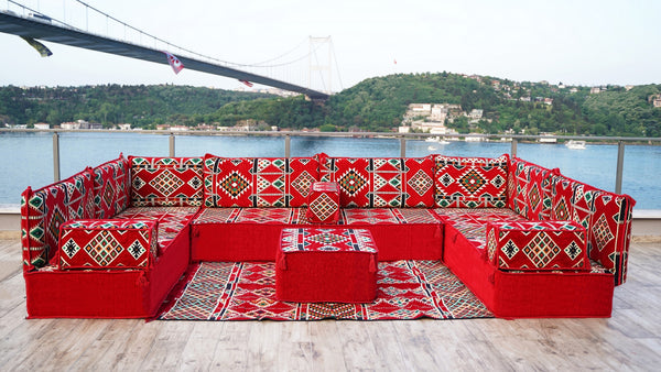 4" Thickness Premium Arabic Sofa Set, Red U Shaped Floor Sofa Set, Arabic Seating Sofa, Arabic Jalsah