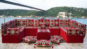 U Shaped Arabic Sofa Set, Maroon Floor Couches, Terrace Pallet Sofa, Sectional Sofas, Floor Cushions
