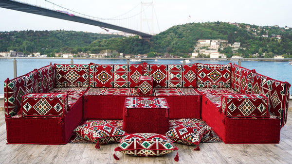 U Shaped Arabic Sofa Set, Maroon Floor Couches, Terrace Pallet Sofa, Sectional Sofas, Floor Cushions