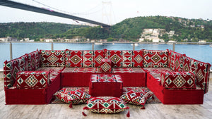 U Shaped Arabic Sofa Set, Maroon Floor Couches, Terrace Pallet Sofa, Sectional Sofas, Floor Cushions