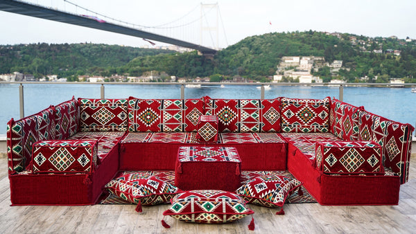 U Shaped Arabic Sofa Set, Maroon Floor Couches, Terrace Pallet Sofa, Sectional Sofas, Floor Cushions