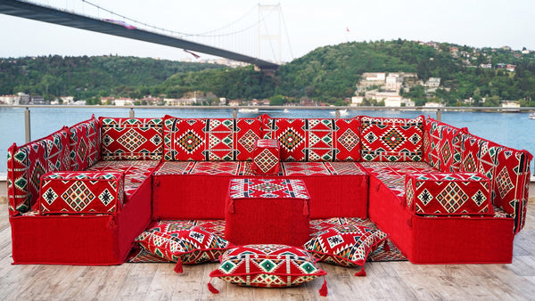 4" Thickness Premium Arabic Sofa Set, Red U Shaped Floor Sofa Set, Arabic Seating Sofa, Arabic Jalsah
