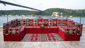 U Shaped Arabic Sofa Set, Maroon Floor Couches, Terrace Pallet Sofa, Sectional Sofas, Floor Cushions