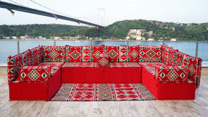 4" Thickness Premium Arabic Sofa Set, Red U Shaped Floor Sofa Set, Arabic Seating Sofa, Arabic Jalsah