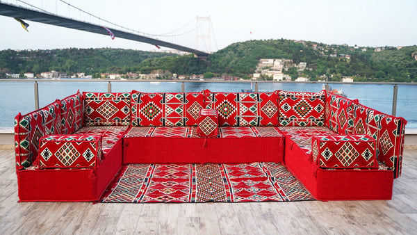 4" Thickness Premium Arabic Sofa Set, Red U Shaped Floor Sofa Set, Arabic Seating Sofa, Arabic Jalsah