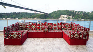 U Shaped Arabic Sofa Set, Maroon Floor Couches, Terrace Pallet Sofa, Sectional Sofas, Floor Cushions