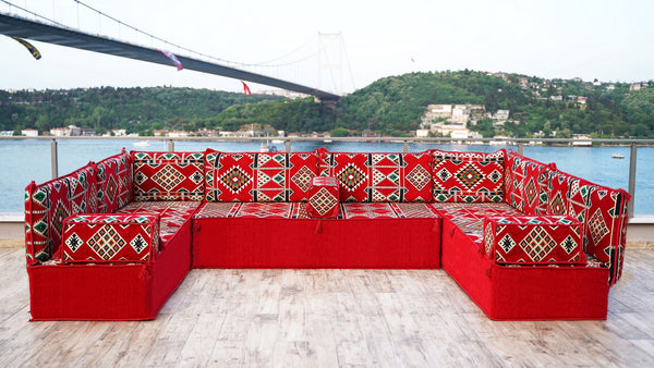 4" Thickness Premium Arabic Sofa Set, Red U Shaped Floor Sofa Set, Arabic Seating Sofa, Arabic Jalsah