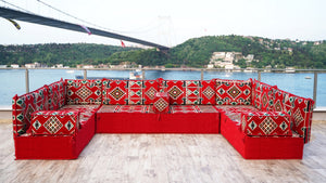 4" Thickness Premium Arabic Sofa Set, Red U Shaped Floor Sofa Set, Arabic Seating Sofa, Arabic Jalsah