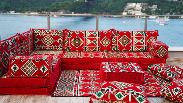 4" Thickness Red L Shaped Floor Couch, Arabic Sofa Seating, Floor Pillow, Corner Floor Sofa, Sectional Sofa