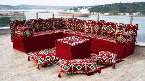 Maroon Arabisches Bodensofa, Bordeauxfarbenes Bodenkissen, 10 cm dicke