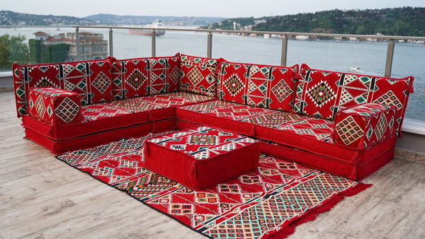 4" Thickness Red L Shaped Floor Couch, Arabic Sofa Seating, Floor Pillow, Corner Floor Sofa, Sectional Sofa