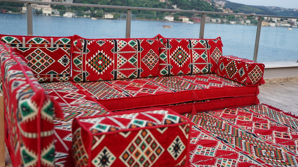 4" Thickness Red L Shaped Floor Couch, Arabic Sofa Seating, Floor Pillow, Corner Floor Sofa, Sectional Sofa