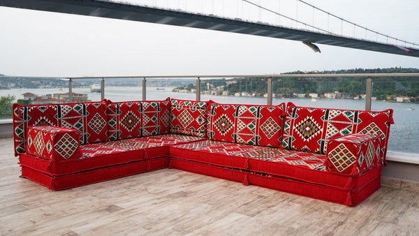 4" Thickness Red L Shaped Floor Couch, Arabic Sofa Seating, Floor Pillow, Corner Floor Sofa, Sectional Sofa