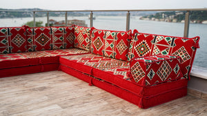 4" Thickness Red L Shaped Floor Couch, Arabic Sofa Seating, Floor Pillow, Corner Floor Sofa, Sectional Sofa