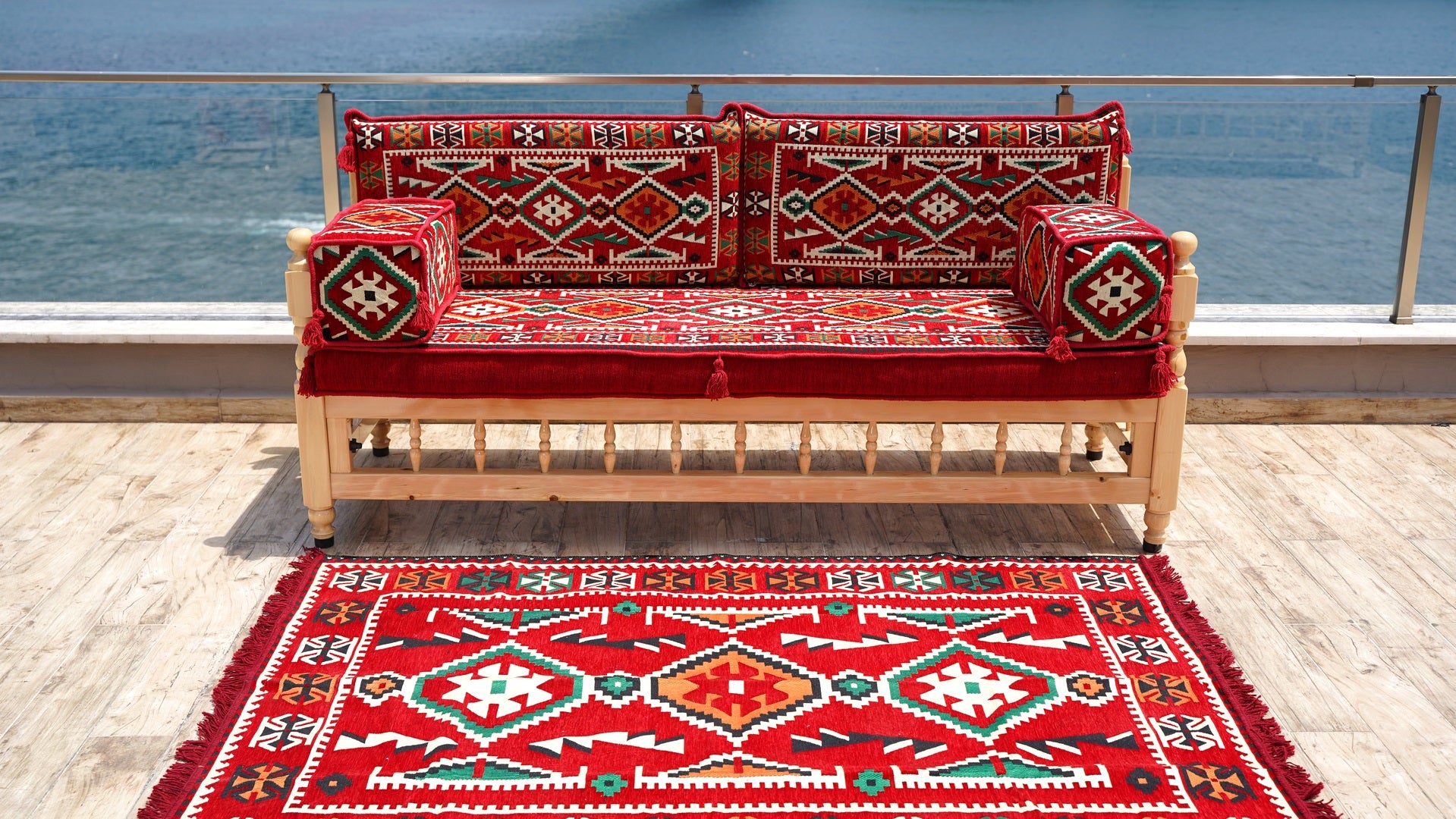 Red Anatolian Hearth: Wooden Bench Set – 4 Inch Thick Arabic Floor Cus