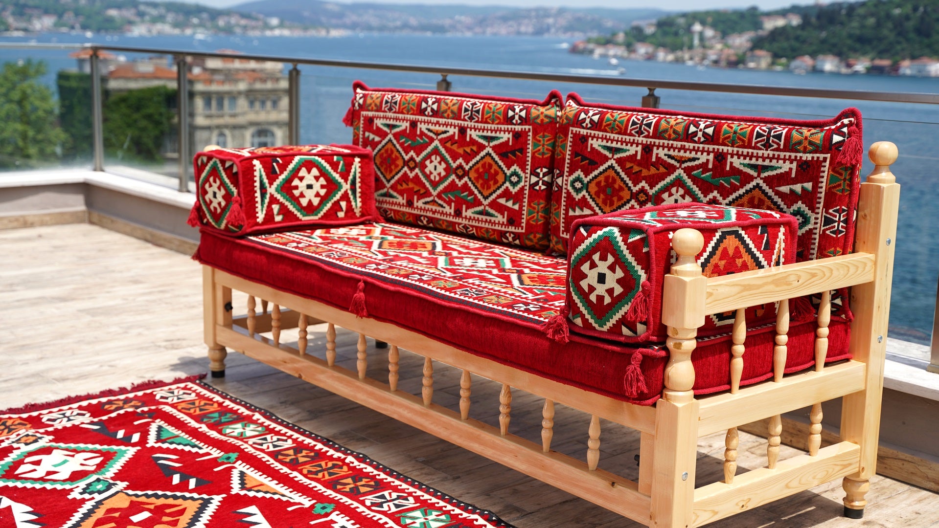 Red Anatolian Hearth: Wooden Bench Set – 4 Inch Thick Arabic Floor Cus