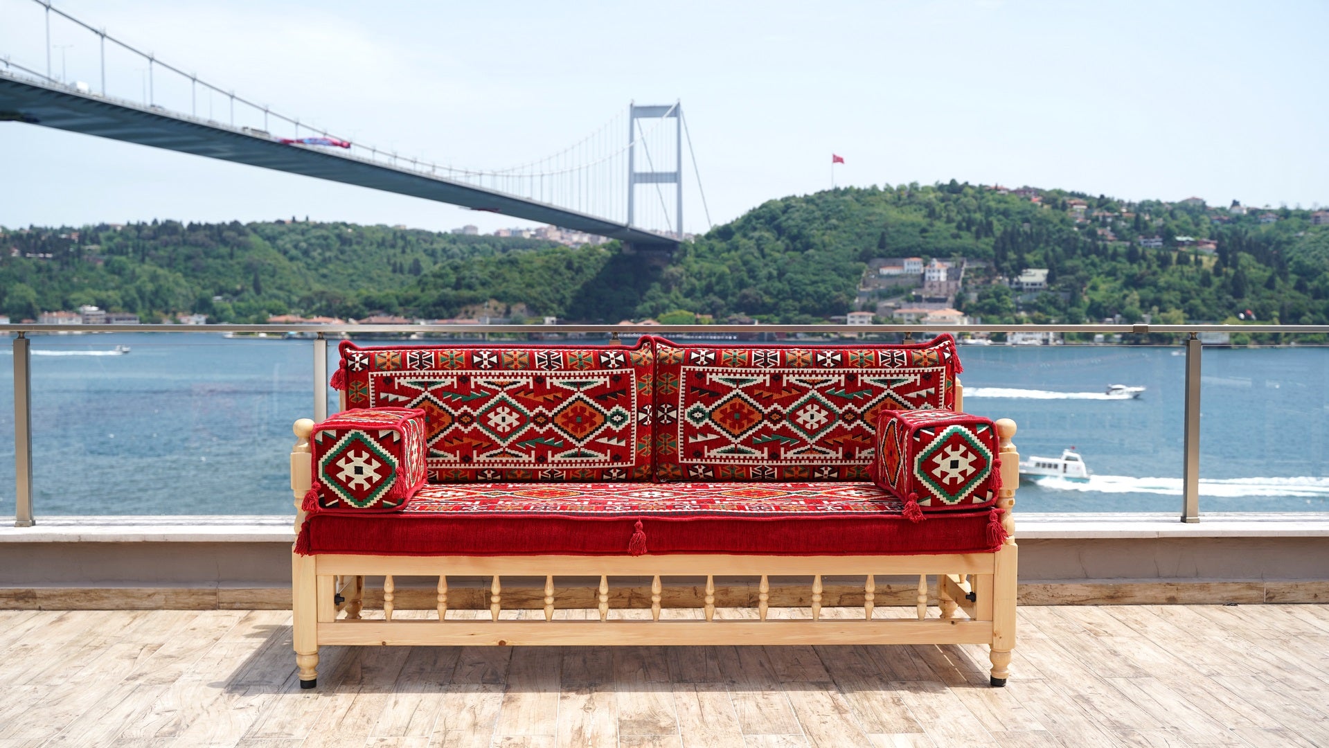 Red Anatolian Hearth: Wooden Bench Set – 4 Inch Thick Arabic Floor Cus