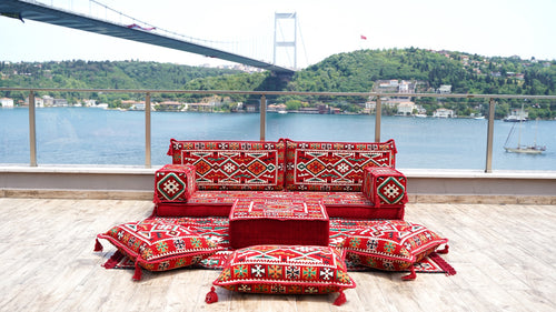 8'' Thickness Sofa Set, Traditional Red Arabic Floor Sofa, Oriental Cushion, 8" Thickness Moroccan Floor Seating Set