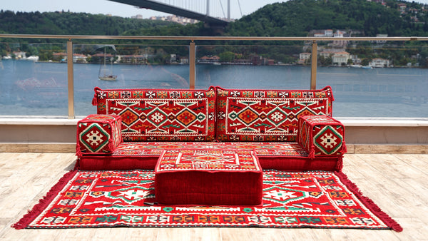 8'' Thickness Sofa Set, Traditional Red Arabic Floor Sofa, Oriental Cushion, 8" Thickness Moroccan Floor Seating Set