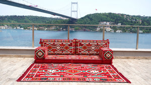 8'' Thickness Sofa Set, Traditional Red Arabic Floor Sofa, Oriental Cushion, 8" Thickness Moroccan Floor Seating Set