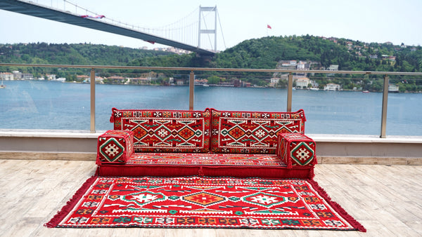 8'' Thickness Sofa Set, Traditional Red Arabic Floor Sofa, Oriental Cushion, 8" Thickness Moroccan Floor Seating Set