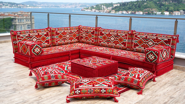 Rotes türkisches Bodensitzkissen, Eck-Bodensitzgruppe, L-förmiges Sofa-Set, orientalisches Bodensitzkissen, Palettensofa, ethnisches Sofa