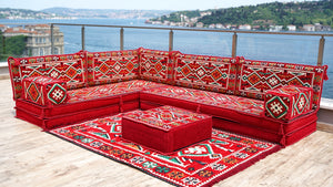 Rotes türkisches Bodensitzkissen, Eck-Bodensitzgruppe, L-förmiges Sofa-Set, orientalisches Bodensitzkissen, Palettensofa, ethnisches Sofa