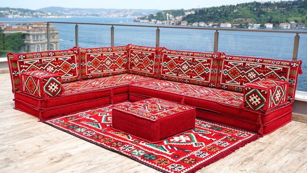 Rotes türkisches Bodensitzkissen, Eck-Bodensitzgruppe, L-förmiges Sofa-Set, orientalisches Bodensitzkissen, Palettensofa, ethnisches Sofa