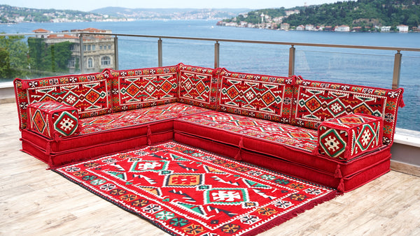 Rotes türkisches Bodensitzkissen, Eck-Bodensitzgruppe, L-förmiges Sofa-Set, orientalisches Bodensitzkissen, Palettensofa, ethnisches Sofa