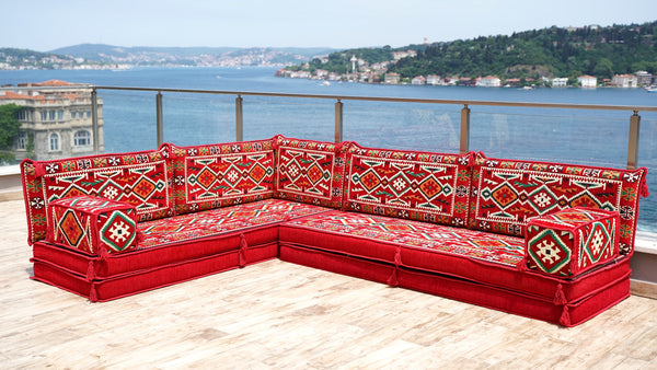 Rotes türkisches Bodensitzkissen, Eck-Bodensitzgruppe, L-förmiges Sofa-Set, orientalisches Bodensitzkissen, Palettensofa, ethnisches Sofa