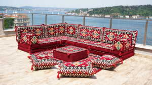 Maroon Urgup Mystic pattern L-shaped corner Arabic floor sofa set, photo 10 of 16