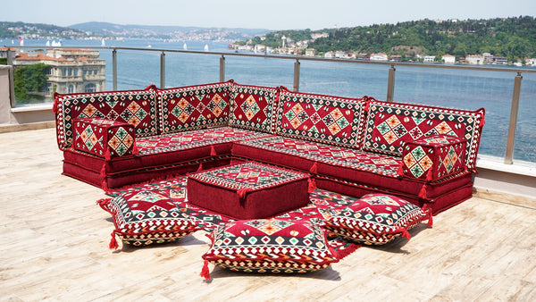 Maroon Urgup Mystic pattern L-shaped corner Arabic floor sofa set, photo 10 of 16