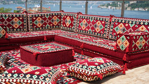 Maroon Urgup Mystic pattern L-shaped corner Arabic floor sofa set, photo 11 of 16