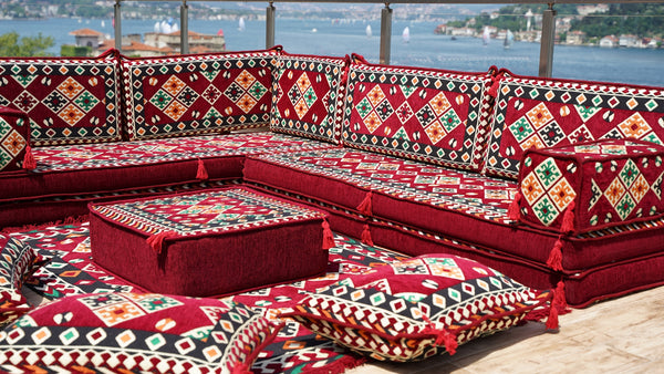 Maroon Urgup Mystic pattern L-shaped corner Arabic floor sofa set, photo 11 of 16