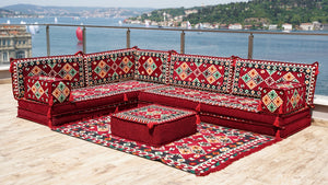 Maroon Urgup Mystic pattern L-shaped corner Arabic floor sofa set, photo 12 of 16