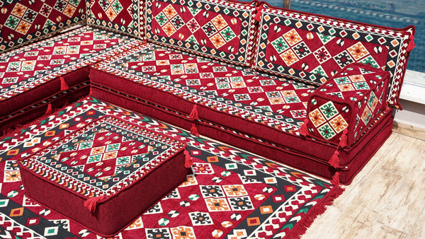 Maroon Urgup Mystic pattern L-shaped corner Arabic floor sofa set, photo 13 of 16