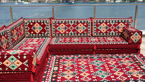 Maroon Urgup Mystic pattern L-shaped corner Arabic floor sofa set, photo 15 of 16