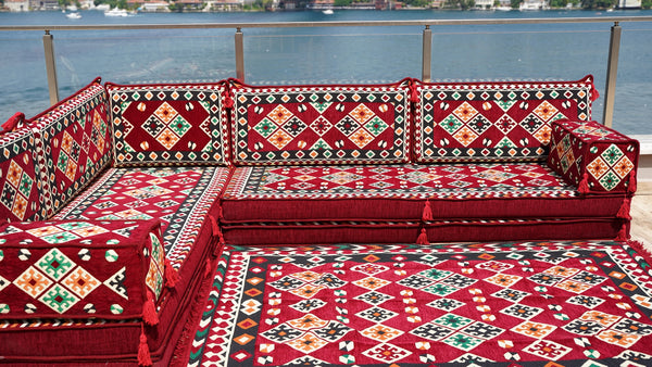 Maroon Urgup Mystic pattern L-shaped corner Arabic floor sofa set, photo 15 of 16