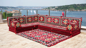 Maroon Urgup Mystic pattern L-shaped corner Arabic floor sofa set, photo 14 of 16