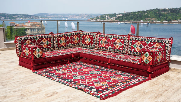 Maroon Urgup Mystic pattern L-shaped corner Arabic floor sofa set, photo 14 of 16