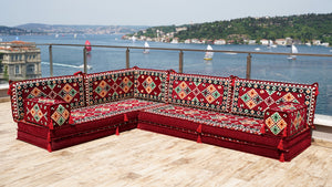 Maroon Urgup Mystic pattern L-shaped corner Arabic floor sofa set, photo 16 of 16
