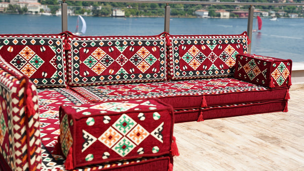 Maroon Urgup Mystic pattern L-shaped corner Arabic floor sofa set, photo 17 of 17