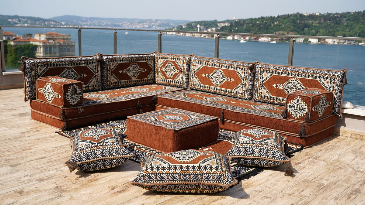 Eleganz im Brown Palace: L-förmiges Bodensofa-Set – Arabisches Majlis-Sofa – Bodenkissen-Couch – Boho-Wohnzimmer-Sitzgelegenheit