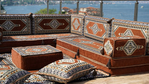 Brown Palace Elegance pattern L-shaped corner Arabic floor sofa set, photo 13 of 16