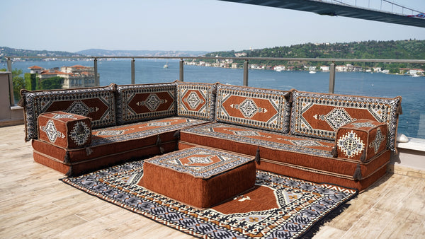 Brown Palace Elegance pattern L-shaped corner Arabic floor sofa set, photo 11 of 16